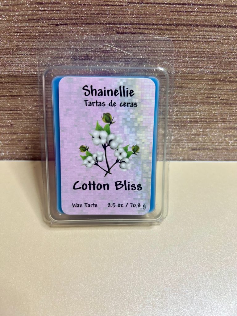 Cotton Bliss Label for Cotton Bliss fragrance by Shanellie, featuring floral designs and packaging details.