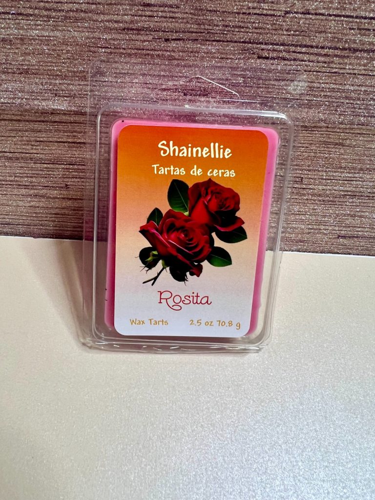 Rosita Wax melt packaging featuring a rose design and the scent name "Shanelle."
